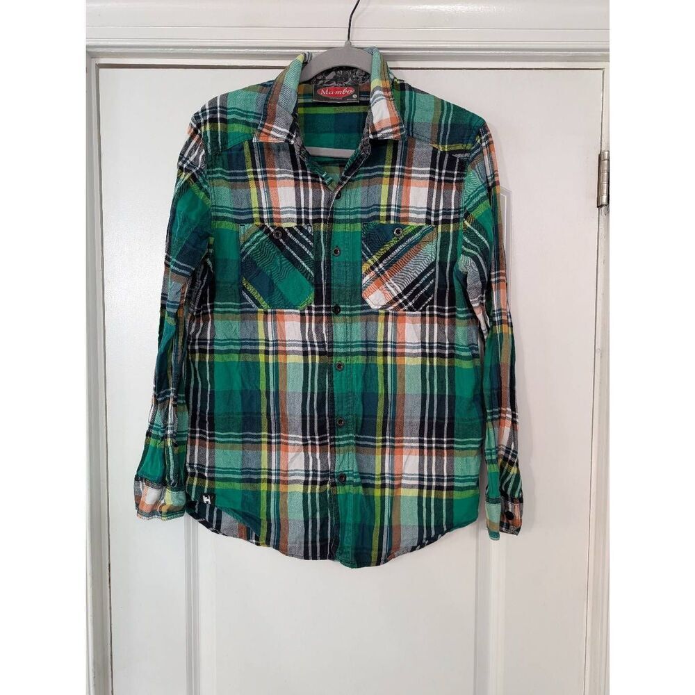 Mambo Australia Flannel‎ Button down Shirt men's small green plaid cozy
